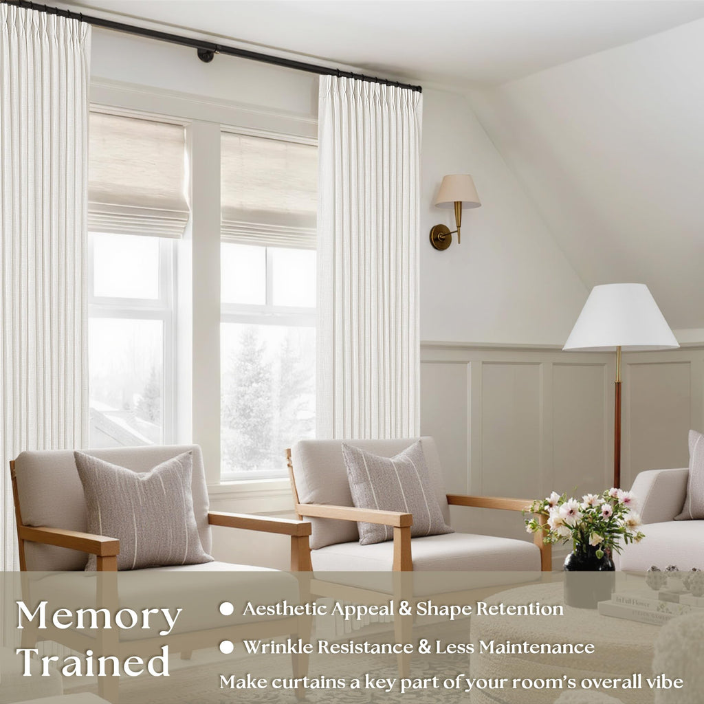 Beige White Linen Curtains Pinch Pleated 84 Inches Long 2 Panels