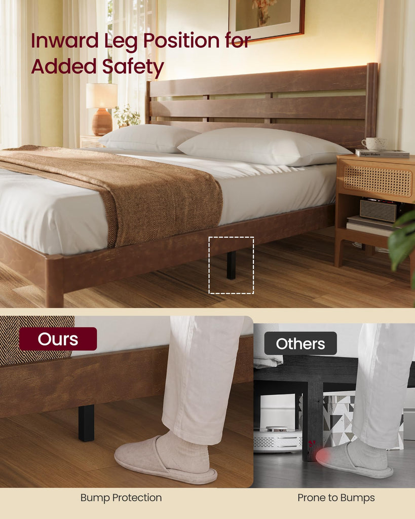 King Bed Frame, Wood Platform Bed with Headboard Storage Shelf