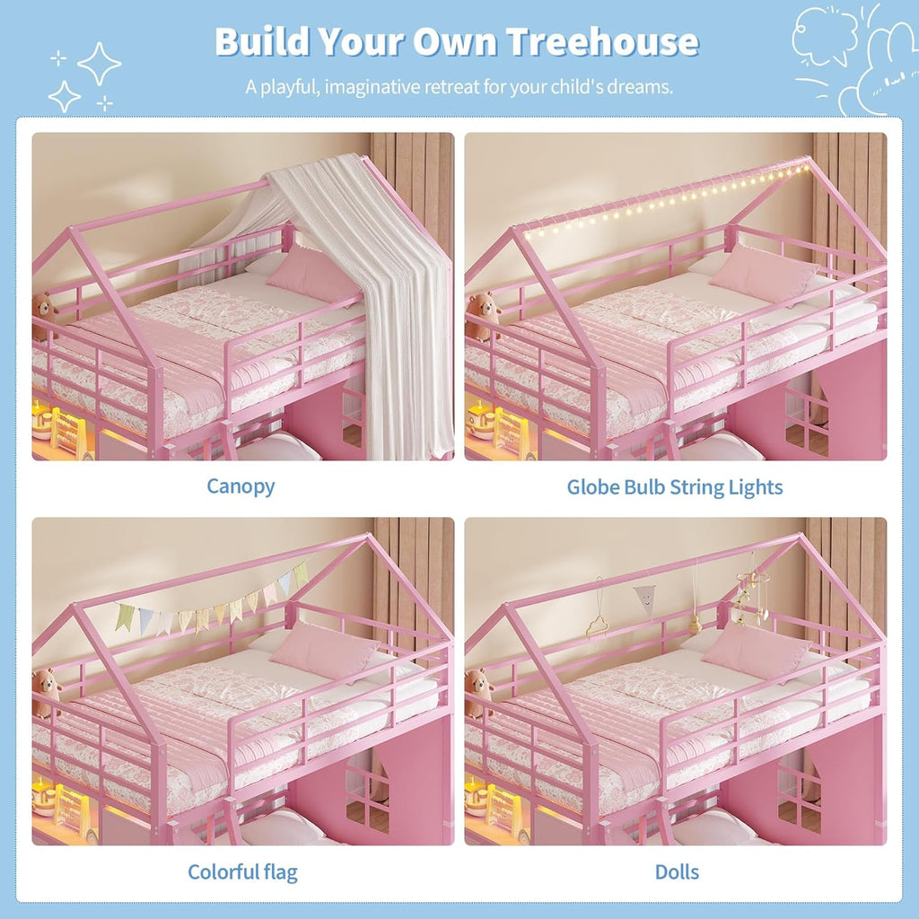 Bunk Bed Twin Over Twin with 6 Storage Drawers and 3 Open Bins, House Bunk Bed with LED Lights