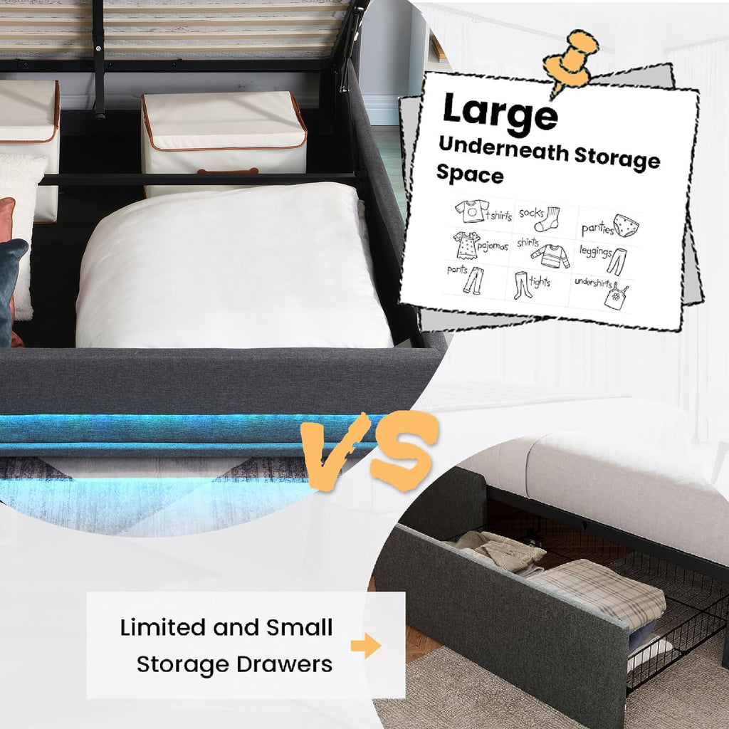 Full Size Bed Frame with Headboard, Lift Up Storage Bed Frame with Charging Station&Led Lights, Upholstered Platform