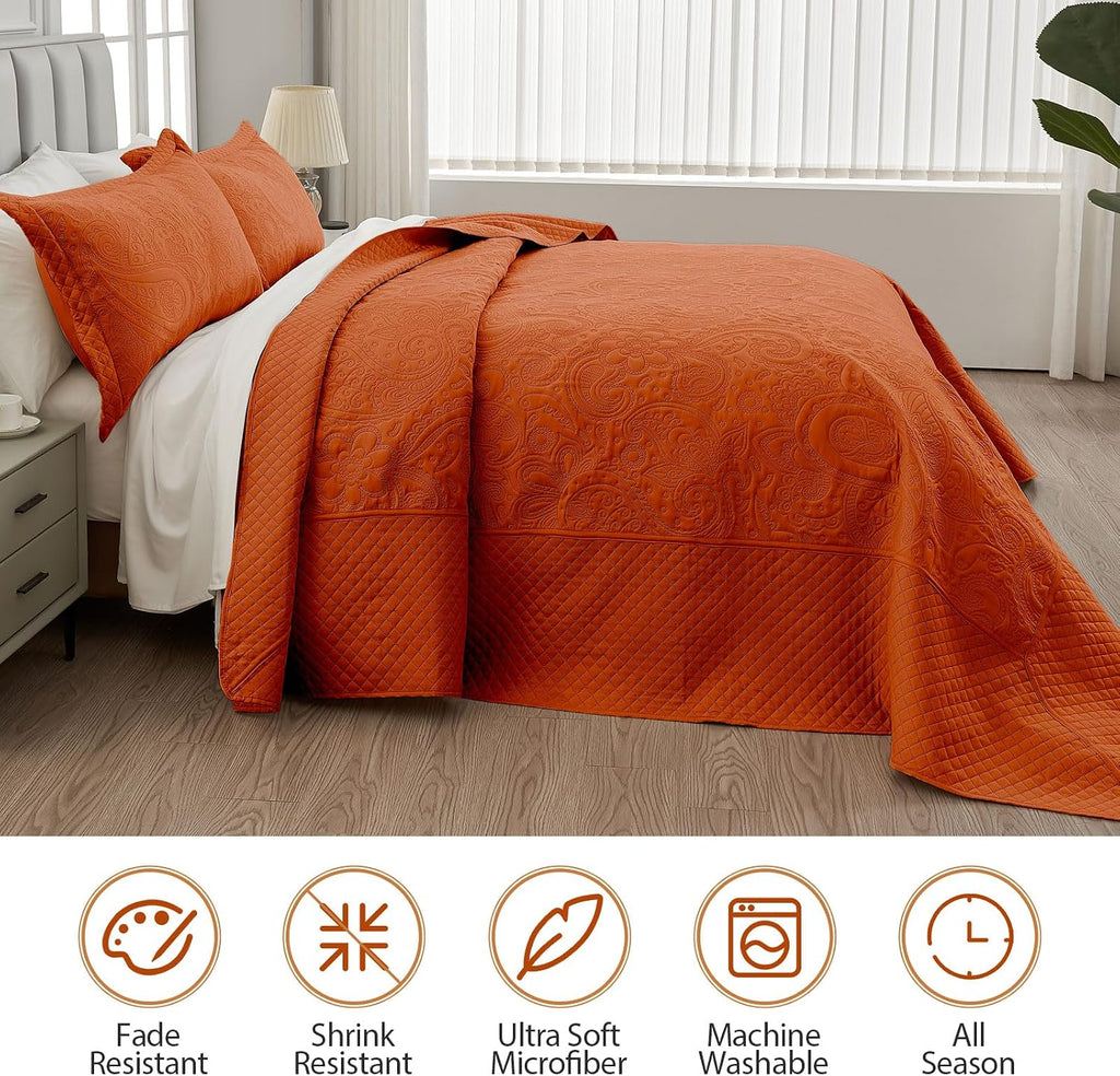 King Bedspread 132x 120, Burnt Orange Oversized King Bedspread, 3 Piece Soft Microfiber Lightweight Oversized
