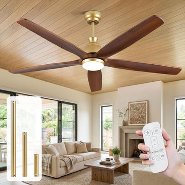 60 Inch Outdoor Ceiling Fan with Lights, Gold Brass Finish, 5 Solid Walnut Wood Blades, High CFM Quiet DC Motor