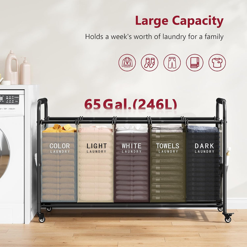 5 Bag Laundry Sorter Cart, Laundry Hamper 5 Section, 5 Colors | Rolling Laundry Basket with Heavy Duty Lockable