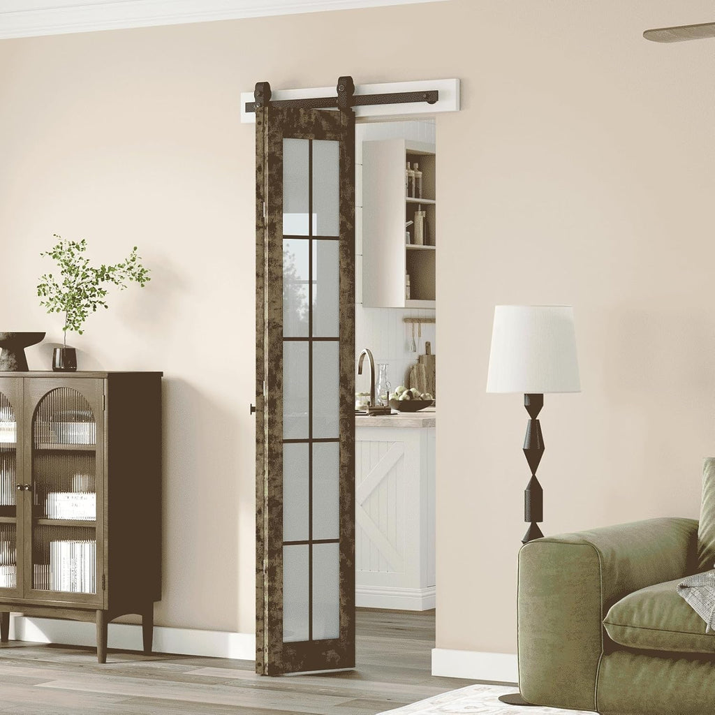 Preassembled Bifold Barn Door 30 x 84 in,Double 15 x 84 in Solid Wood & Grid Glass Panels, Bi-Fold B
