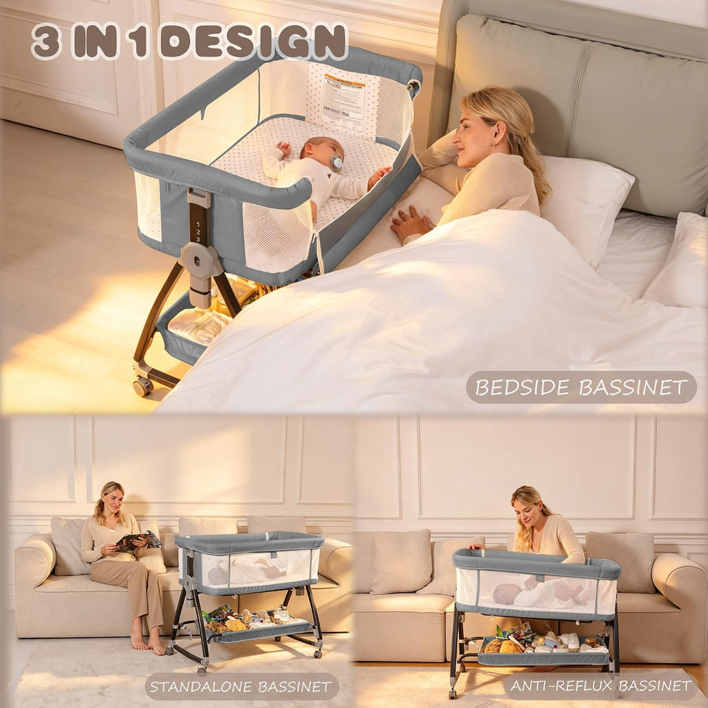 Bassinets Bedside Sleeper with Wheels and Mattress, Cosleeping Baby Bed with Storage, Co-Sleeper Bassinet Attach to