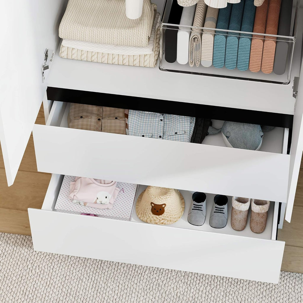 White Wardrobe Closet with Doors: 75" Large Capacity Bedroom Armoire, Wooden Cabinet with 2 Drawers, Hanging Storage