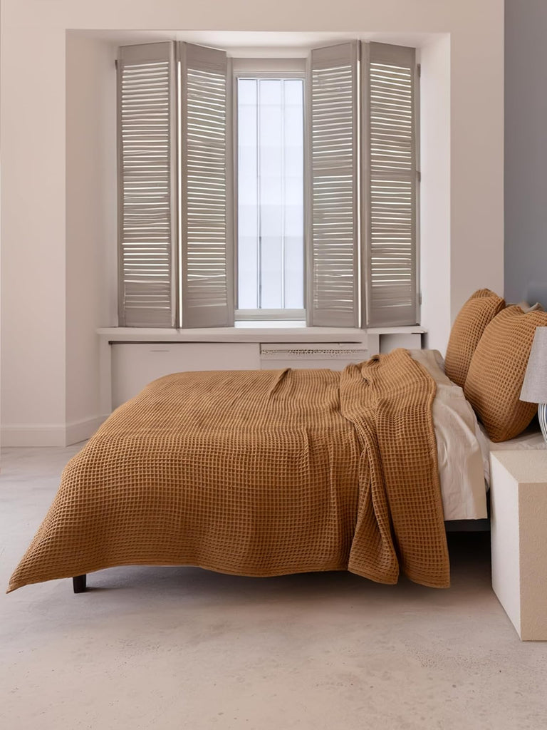 Luxury All Season Waffle Throw Blanket Queen XL Size Caramel - Pure 100% Turkish Cotton Light Airy Blankets