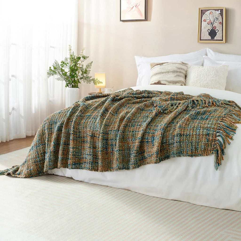 Multi-Color Gold Green Cable Woven Throw Blanket,50"X60" Boho Style Textured Blankets,Super Soft Warm Cozy Chunky