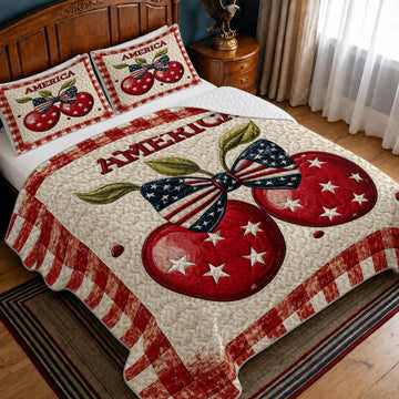Patriotic Quilt Set with Americana Cherries and Gingham Border, Microfiber Lightweight Bedspread for Farmhouse
