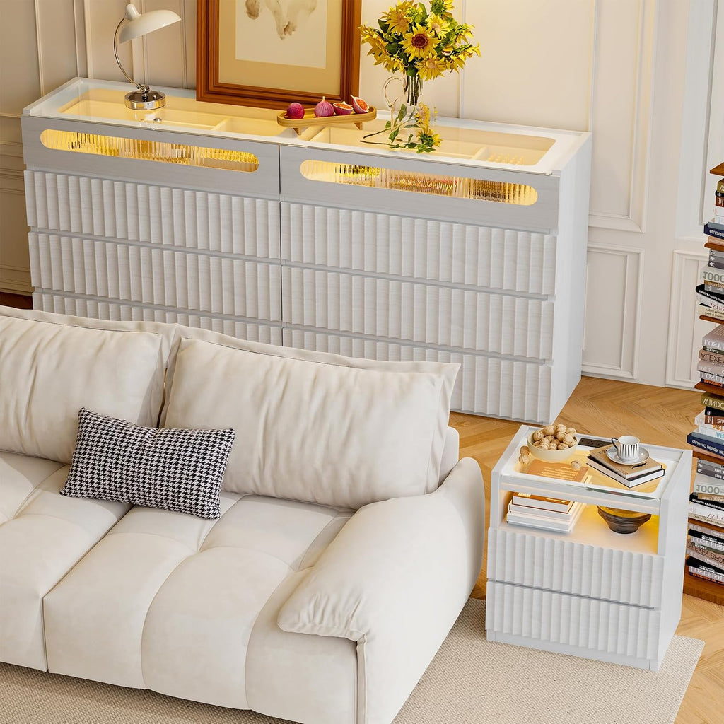 Fluted 8 Drawer Dresser,with LED Lights,Tempered Glass Panel,Drawer Dresser,Hidden Handles.Compartmentalized Storage
