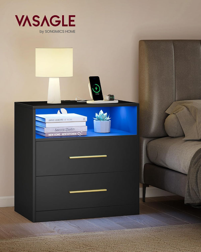 Custos Collection - Set of 2, 23.6 Inch Wide Nightstands with Charging Station, LED Lights, Modern Night Stands, Side