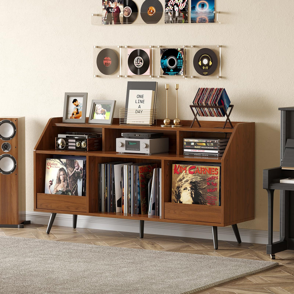 55 Inch Record Player Stand with LED Light, Walnut