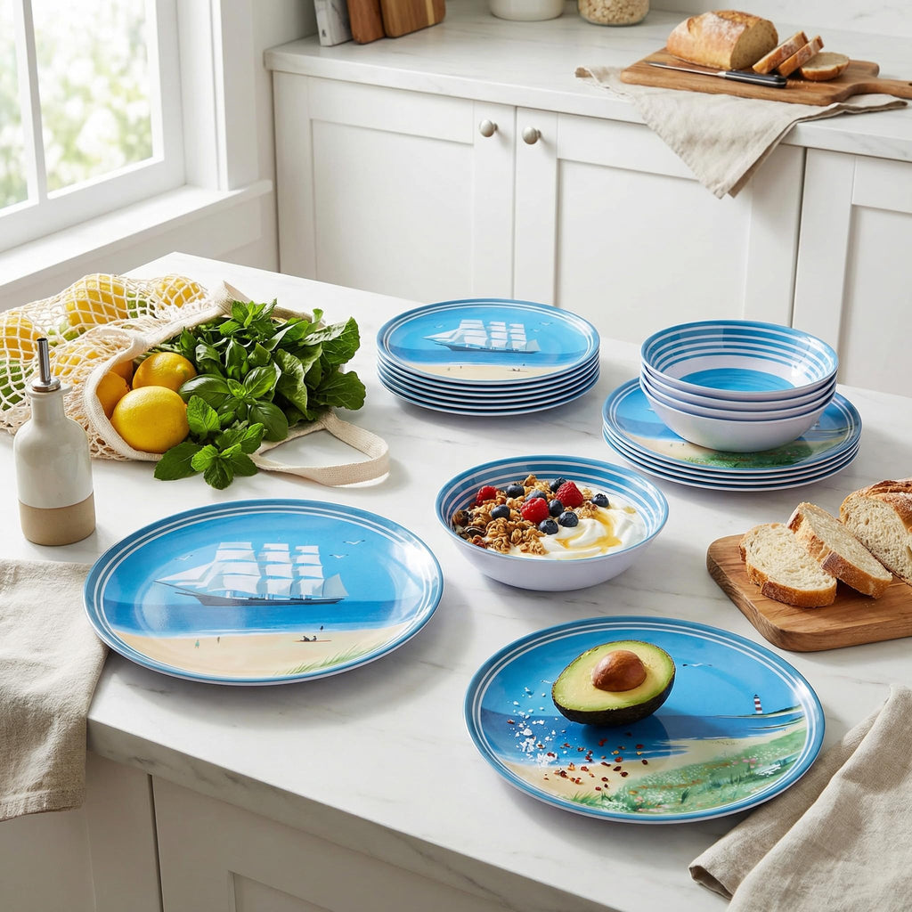 Outdoor Melamine Dinnerware Set for 4, 12-Piece Sailboat Plates and Bowls
