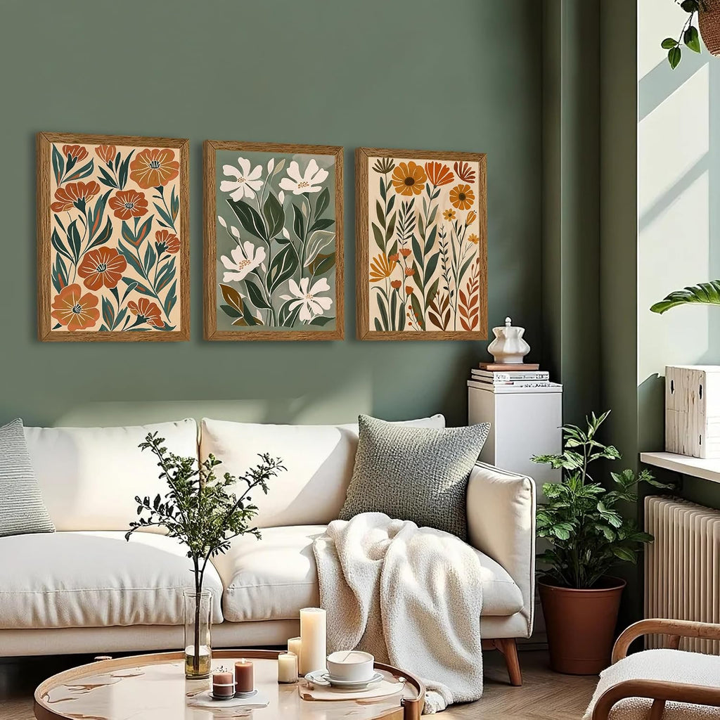 3 Piece Abstract Boho Floral Canvas Wall Art, Green Beige Flower Market Wall Decor, Minimalist Colorful Botanica