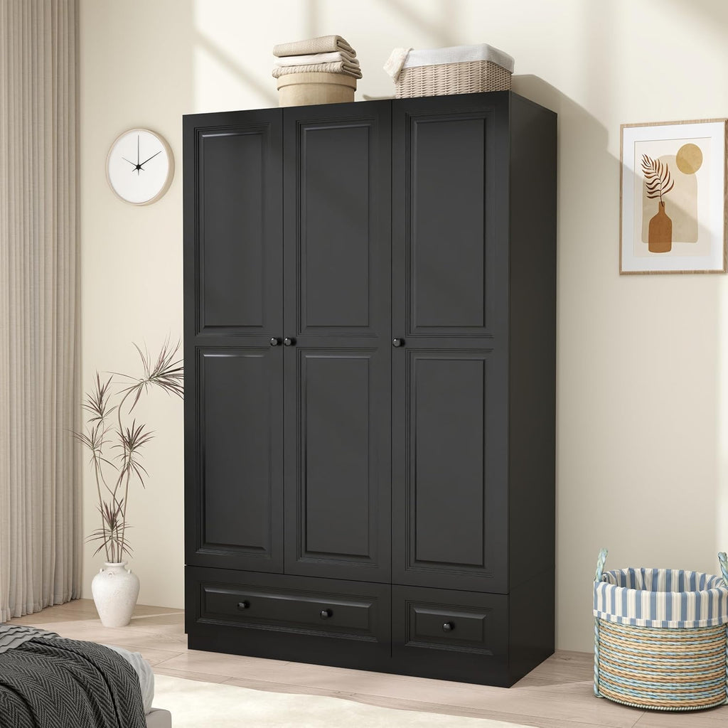 Armoire Wardrobe Closet with Drawers: 47" Black Wardrobe Closet with 3 Doors and 2 Drawers, Wood Clothes Armoire with