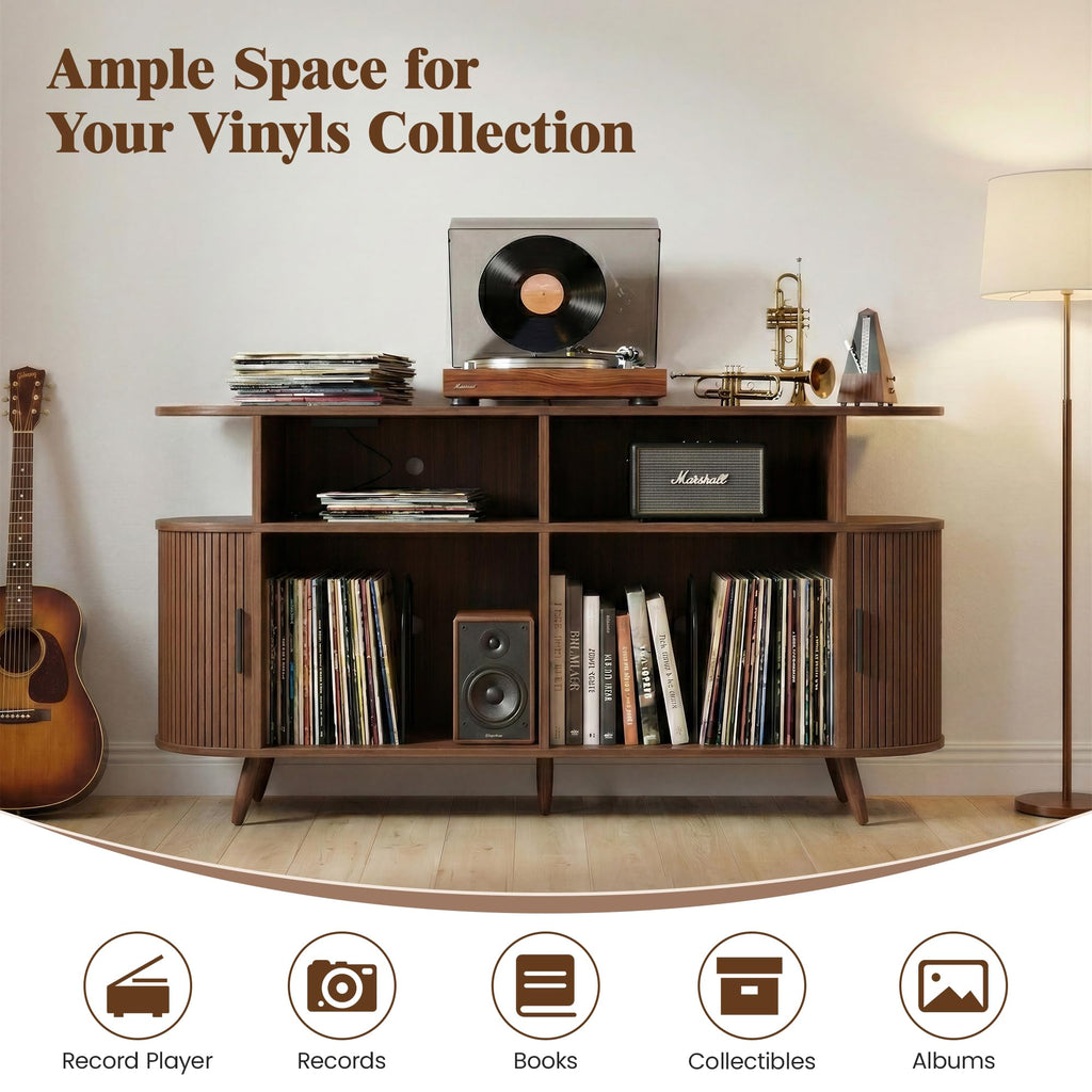 Large Record Player Stand with Storage, Media Stereo Shelf Charging, Walnut