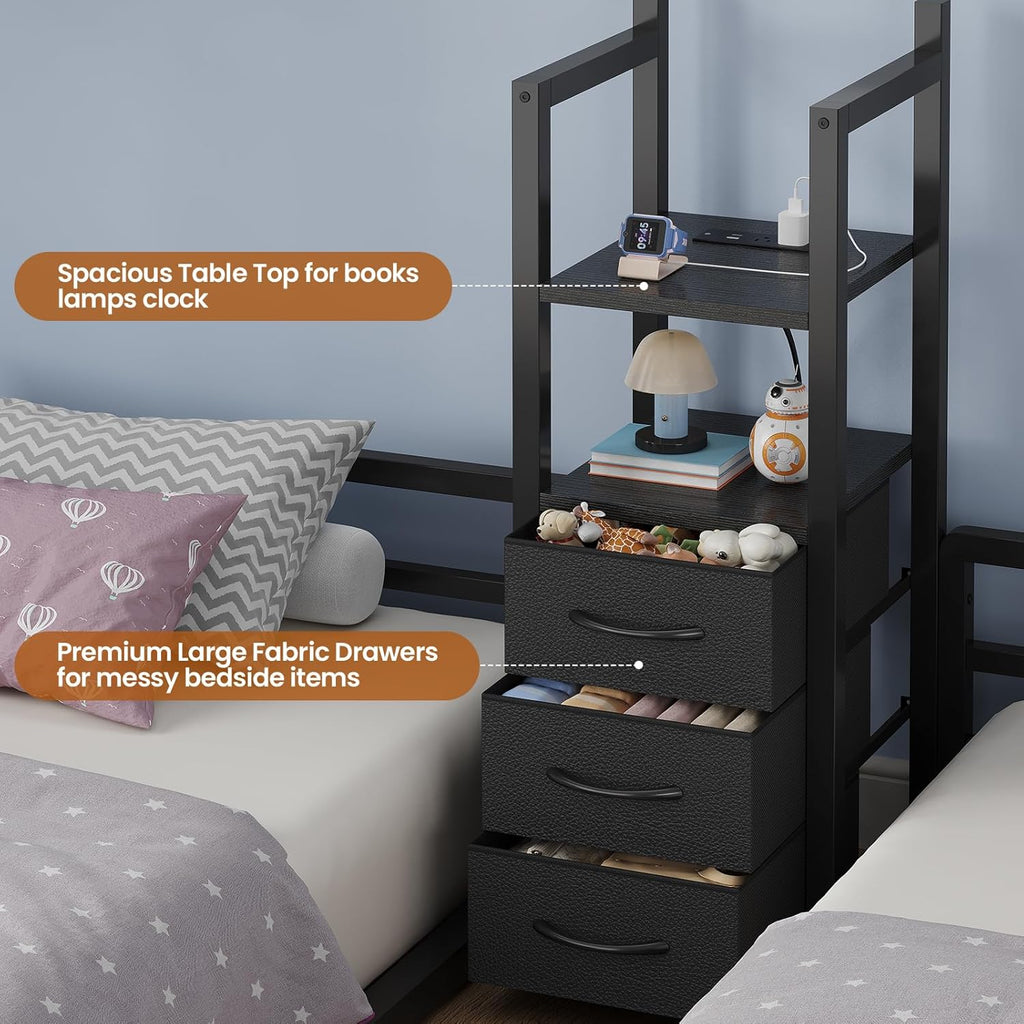 Triple Bunk Bed Twin with House, 4 Storage Drawers, Charging Station and LED Lights