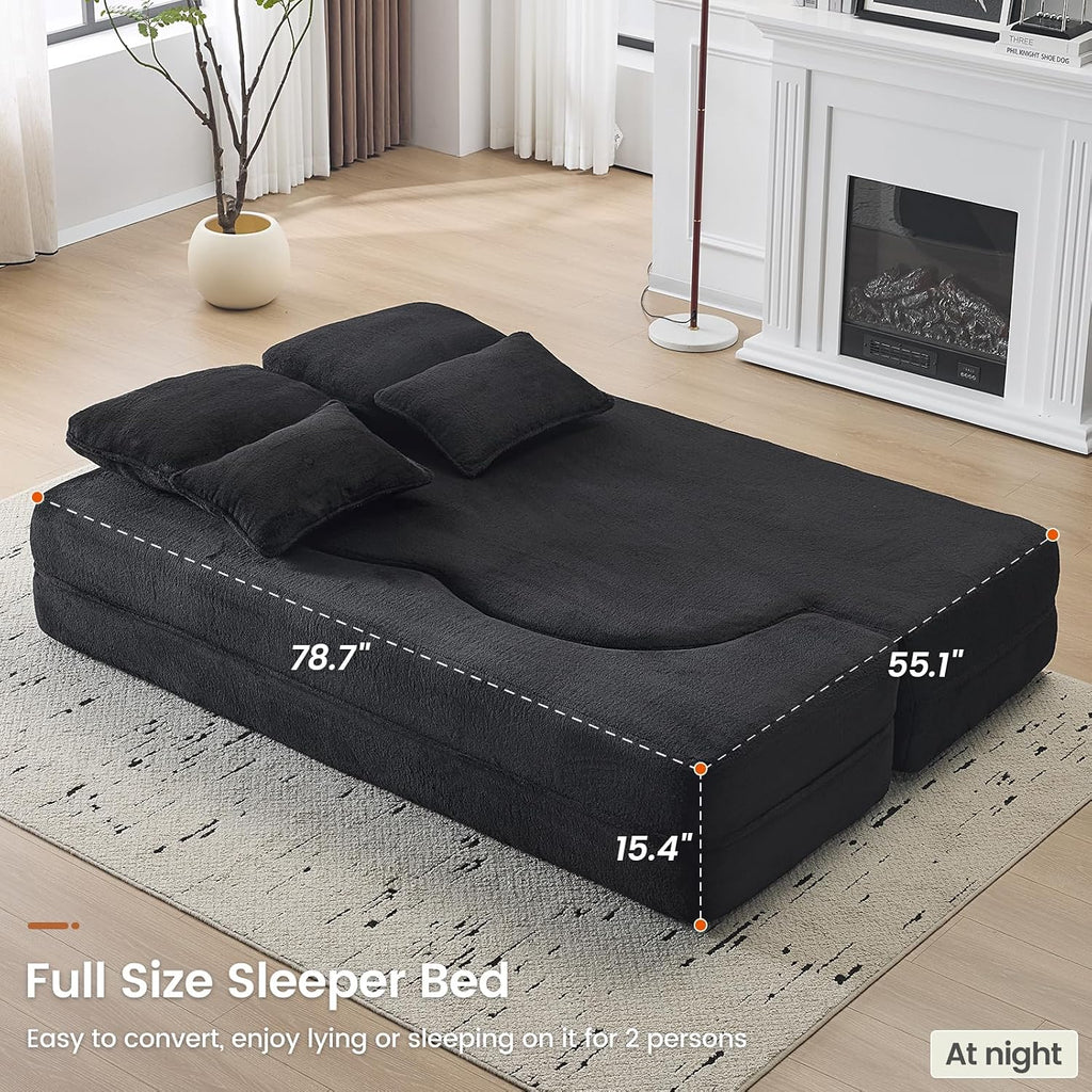 78" Convertible Sofa Bed, Full Size Sleeper Couch, Black | Boneless Folding Loveseat, Deep Seat, Soft Chenille, 4