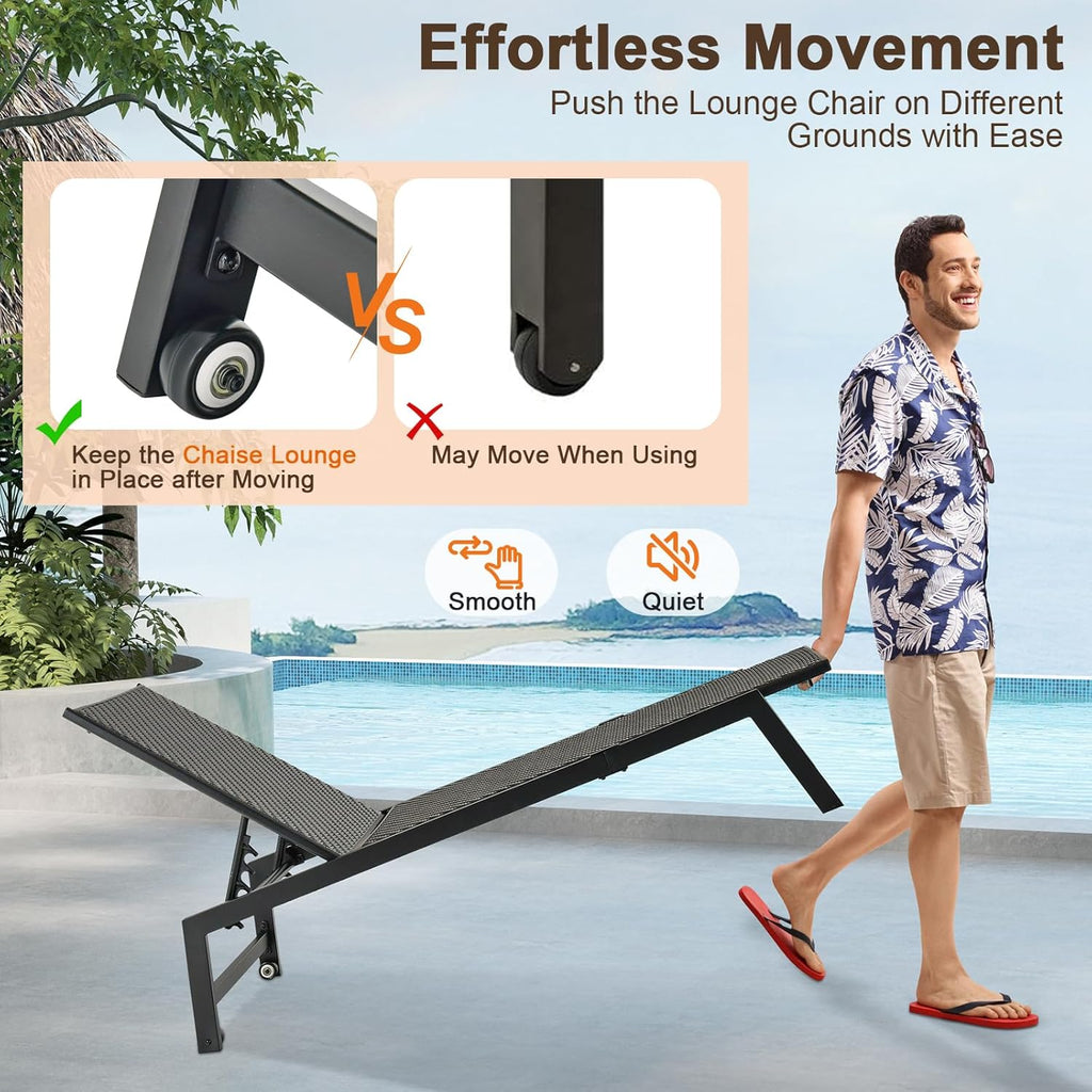 Patio Chaise Lounge Chair - Outdoor PE Rattan Recliner Chair with Wheels, 5-Position Adjustable Backrest, Steel Frame