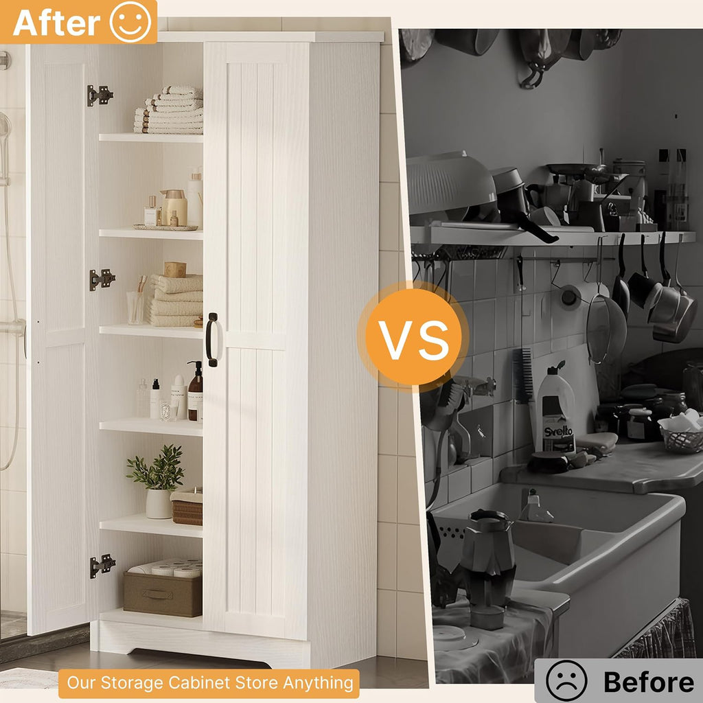 70" Tall Storage Cabinet, Large Wood Storage Pantry Cabinet with 6 Adjustable Shelves & 2 Doors, Standing Utility