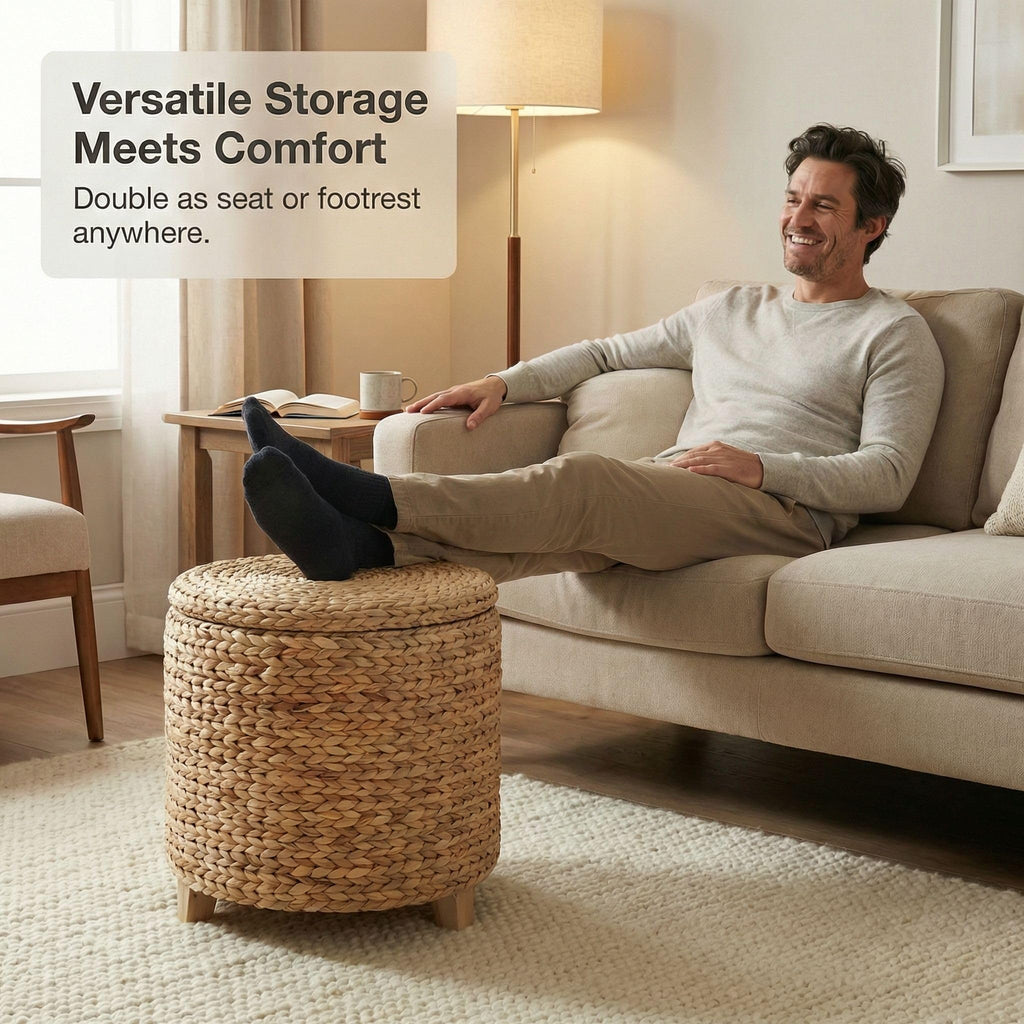 TM Round Ottoman with Storage Water Hyacinth Wicker Ottoman with Lid
