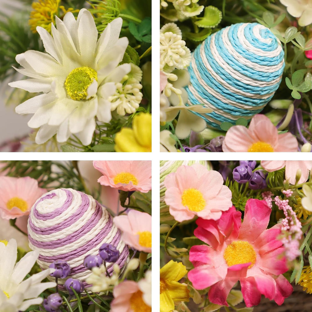 Easter Bunny Basket with Fluffy Bunny Ears - Spring Table Centerpiece with Woven Rattan Eggs & Flowers, Farmhouse