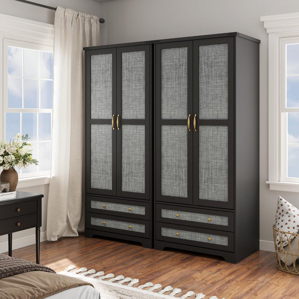 71" Wooden Armoire Wardrobe Closet with 2 Doors & 2 Drawers, Black | Modern Tall Storage Cabinet with Adjustable