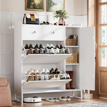 Shoe Cabinet, Shoe Storage Cabinet with 2 Flip-Front Doors & Drawers, Shoes Organizer, White