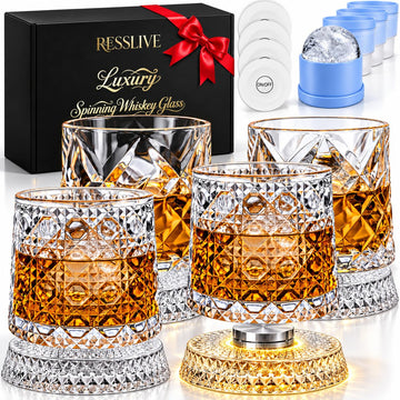 Spinning Whiskey Glasses Set of 4, 10oz Rotating Whiskey Glass, Whiskey Gift