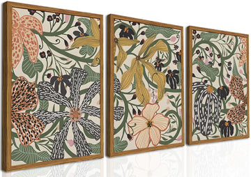Framed Boho Floral Canvas Wall Art Set of 3, Sage Green Flower Pictures Wall Decor, Abstract Botanical Wildflower