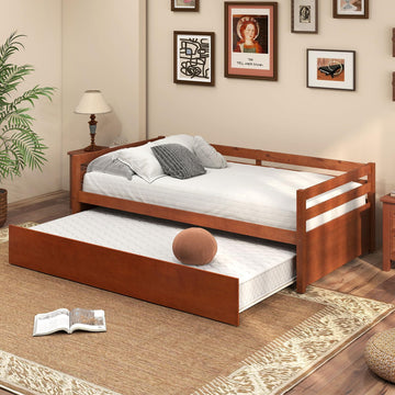 Twin Daybed with Trundle, Wood Trundle Bed with Wood Slat Support, Mid Century Day Bed Frame Guest Room, No Box