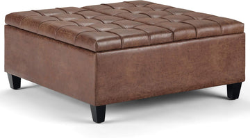 Harrison 36" Wide Vegan Leather Lift Top Ottoman in Saddle Brown | Distressed saddle brown, transitional lift-top
