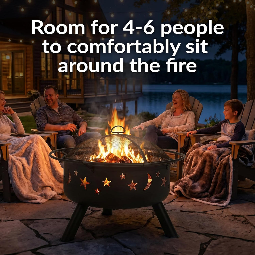 Cosmic 30-Inch Outdoor Fire Pit with Grill Grate, Spark Screen, and Fireplace Poker