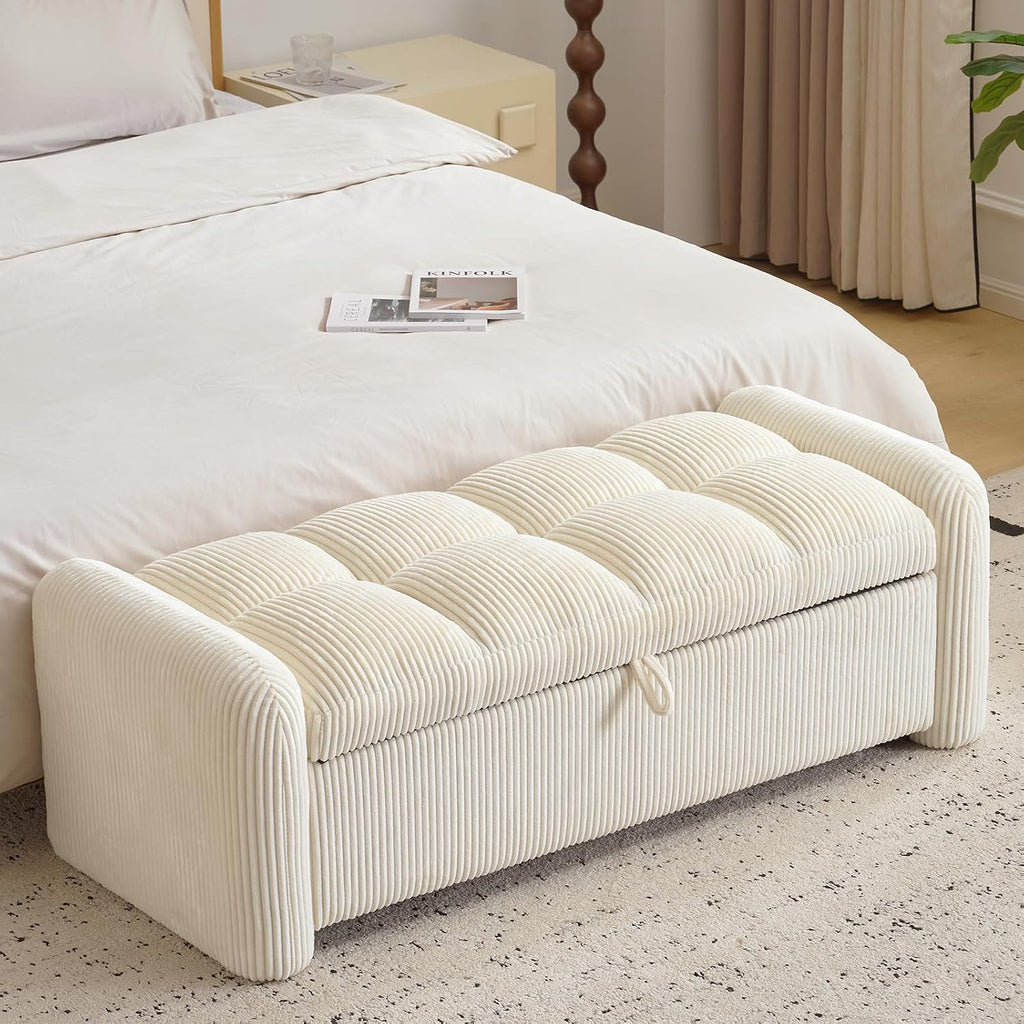 Oversized Corduroy Ottoman Bench with Storage, Upholstered End of Bed Bench , Ottoman Foot Rest , Beige