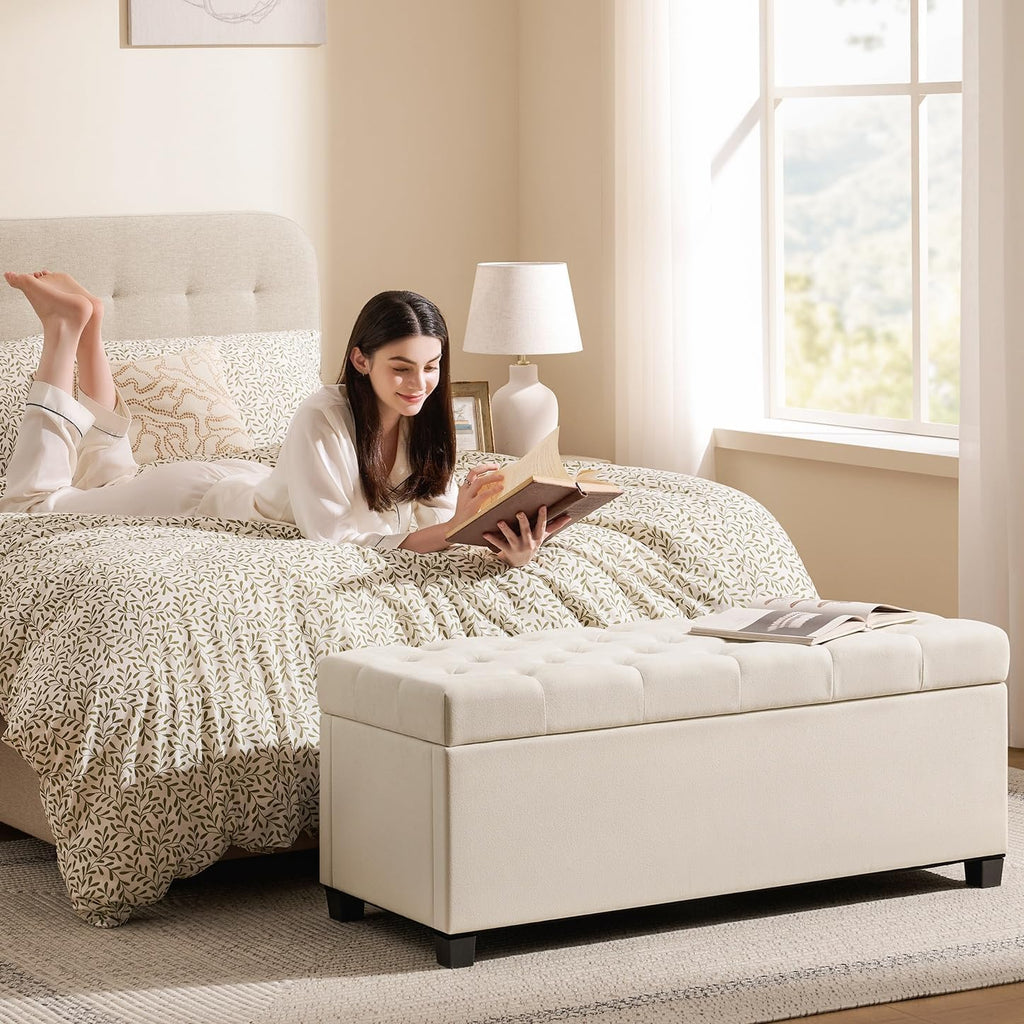 Storage Ottoman Bench , 47.2", Ivory | 47.2-inch storage ottoman with safety hinge, tufted upholstered seat and