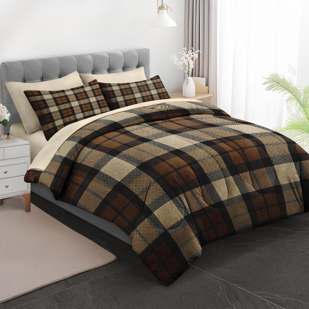 Comforter Set with Sheets, 7 Pieces Plaid Brown Bedding