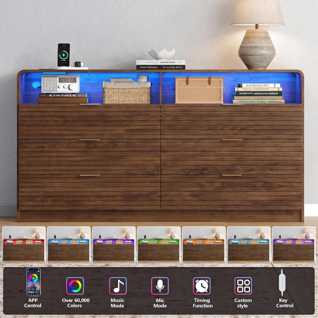 55'' Wide Fluted 6 Drawers Dresser with 2 Cubbies, LED Dressers & Chests of Drawers with Power Outlet, Fluted Dresser