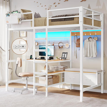 Twin Loft Bed with L-Shaped Desk, Storage Shelves and Charging Station Twin Metal Loft Bed with LED Lights and Coat