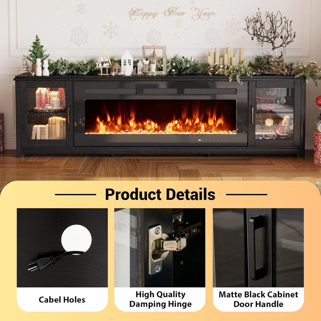 90" Fireplace TV Stand, Modern Entertainment Center with 60 Inch Electric Fireplace, Adjustable Shelf & Glass Door