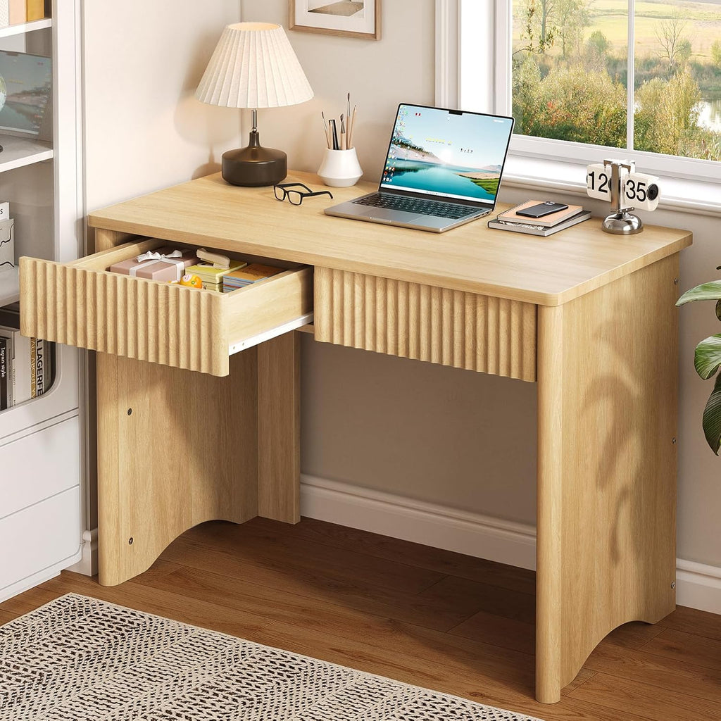 Fluted Computer Desk with 2 Drawers, 40 Inch Small Wooden Writing Study Work Desk, Computer Table