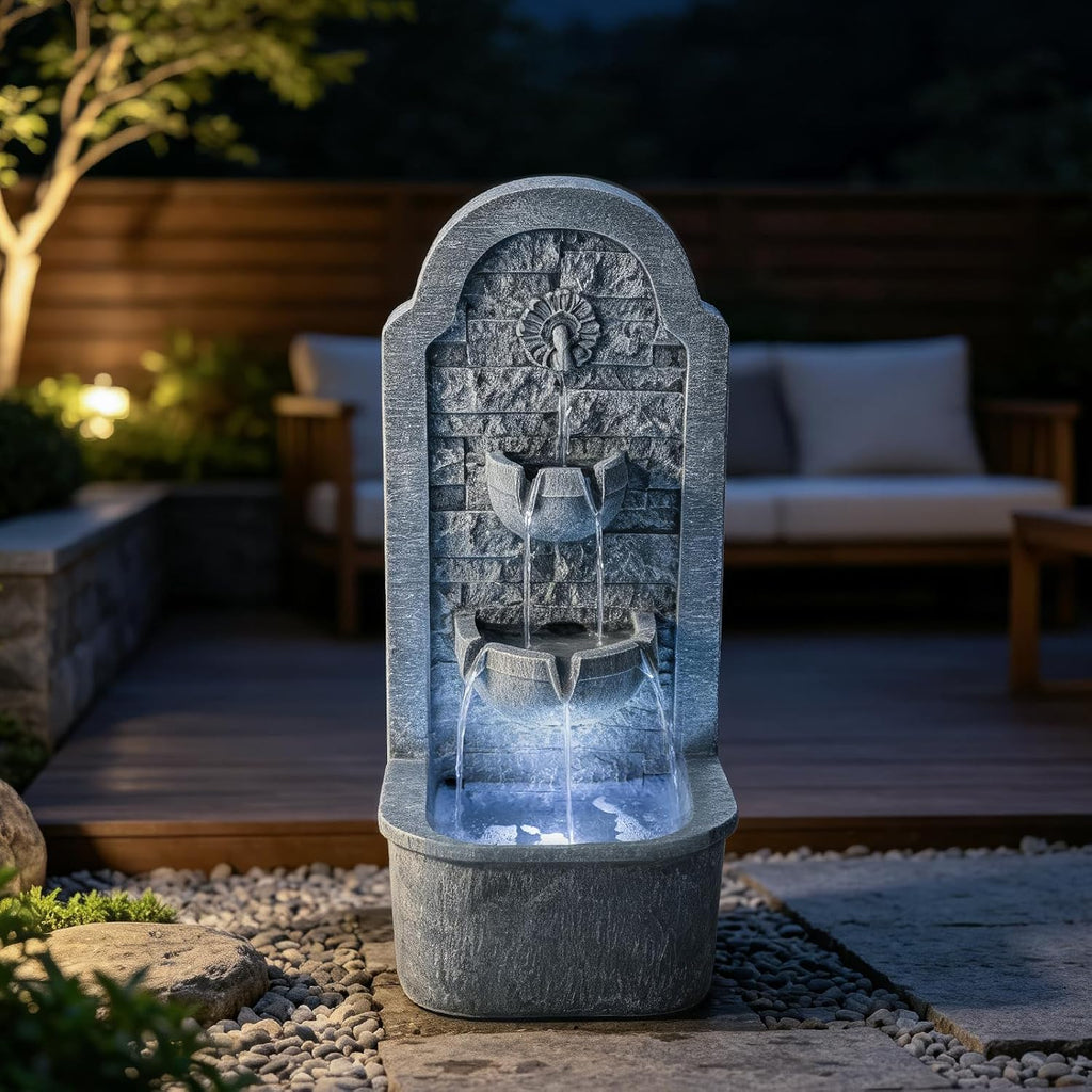 30.3" H Outdoor Water Fountain, Garden Fountain Floor Standing Indoor Waterfall Fountain with LED Lights, Water Feature