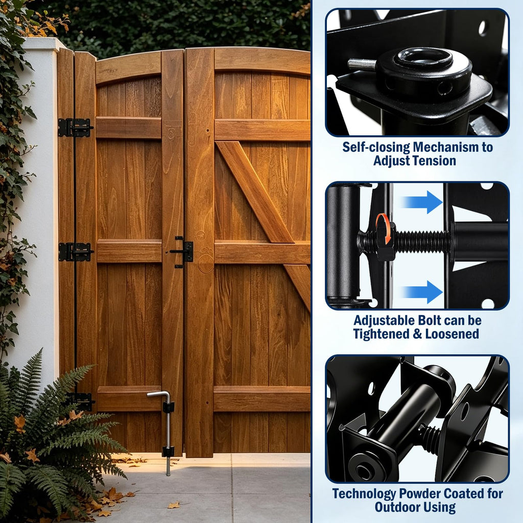 Adjustable Self-Closing Gate Hinges and Self-Locking Gate Latch Hardware Kit, Heavy Duty Black Gate Hardware for