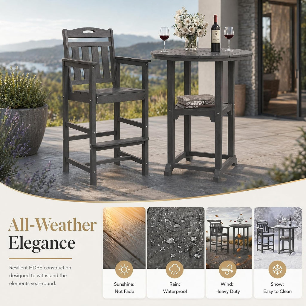 3-Pc Bistro Set High Top Table 2 Adirondack Chairs HDPE Round Grey | Round w/shelf. HDPE wd-grain, adj