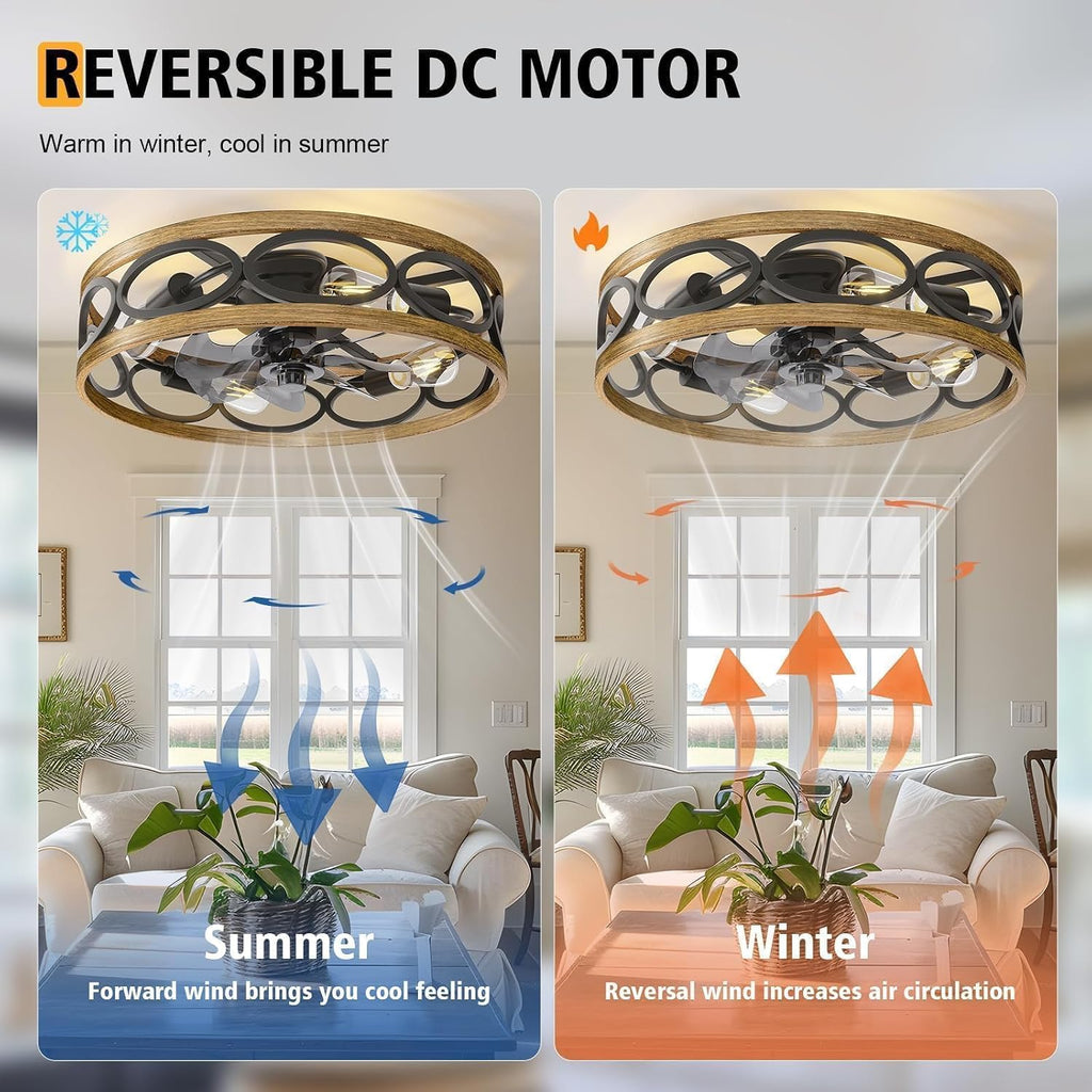20" Ceiling Fans with Lights and Remote, 6 Wind Speeds 3 Timing Quiet Flush Mount Low Profile Caged Ceiling Fan