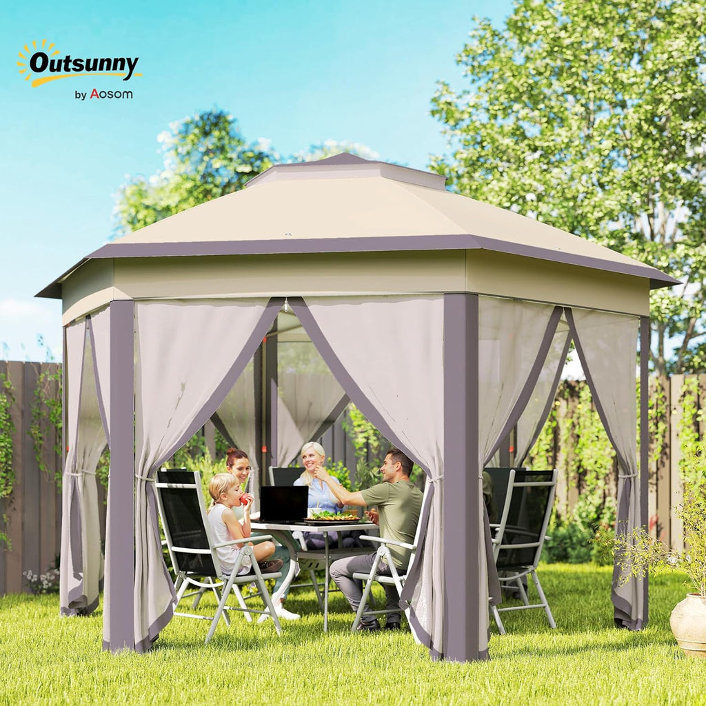 13' x 13' Pop Up Gazebo, Hexagonal Canopy Shelter with 6 Zippered Mesh Netting