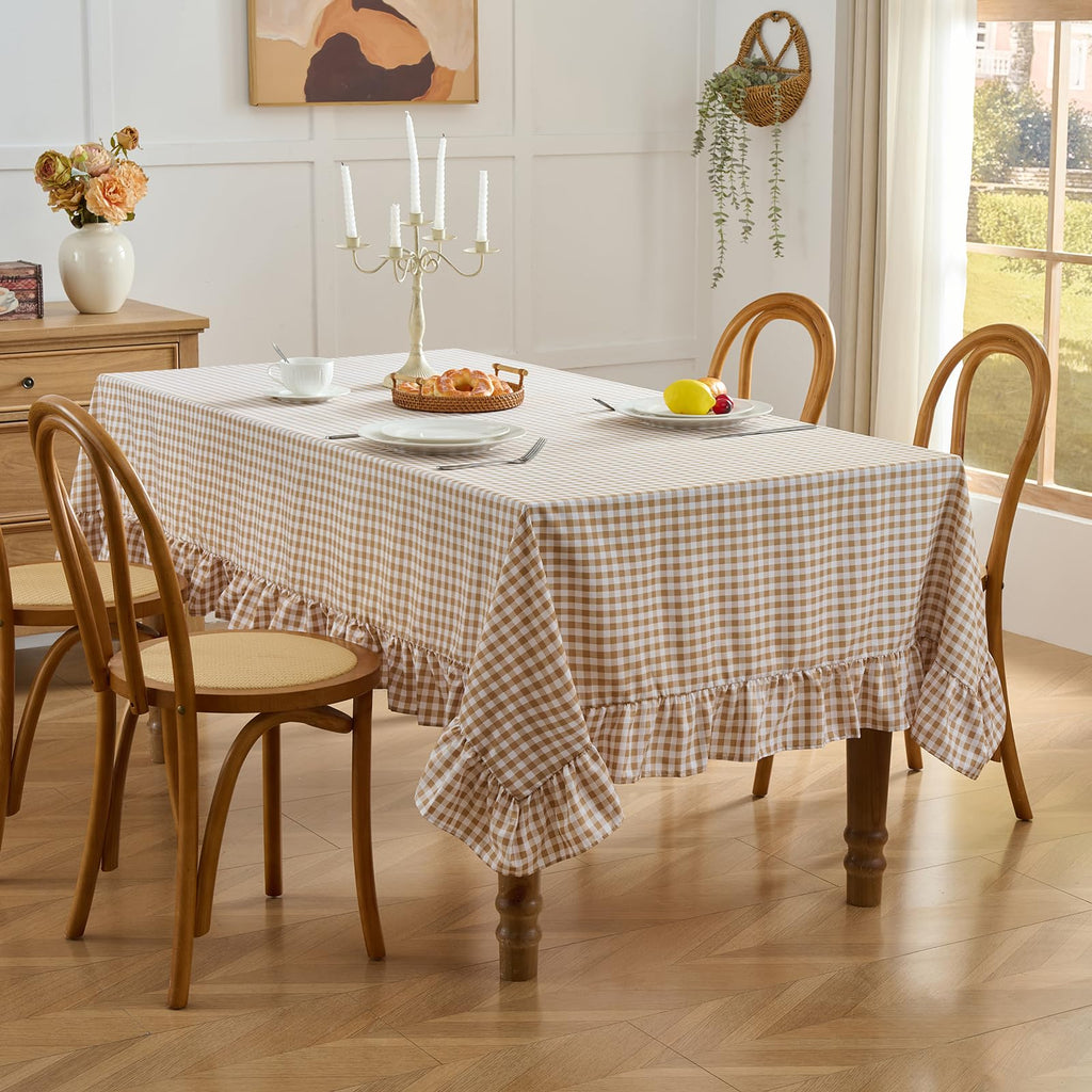 Taupe Gingham Ruffle Tablecloth 70x52 Inch, Plaid Tablecloth