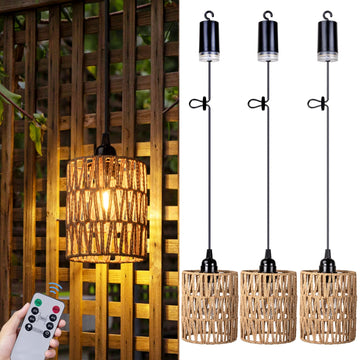Battery Operated Chandelier, Battery Hanging Pendant Light, Rattan Lights with Warm White Bulb, 4*AA Battery Powered