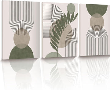 CM Sage Green Boho Wall Art, Botanical Geometric Framed Canvas Bathroom Wall Art, Mid-Century Modern Wood Frame