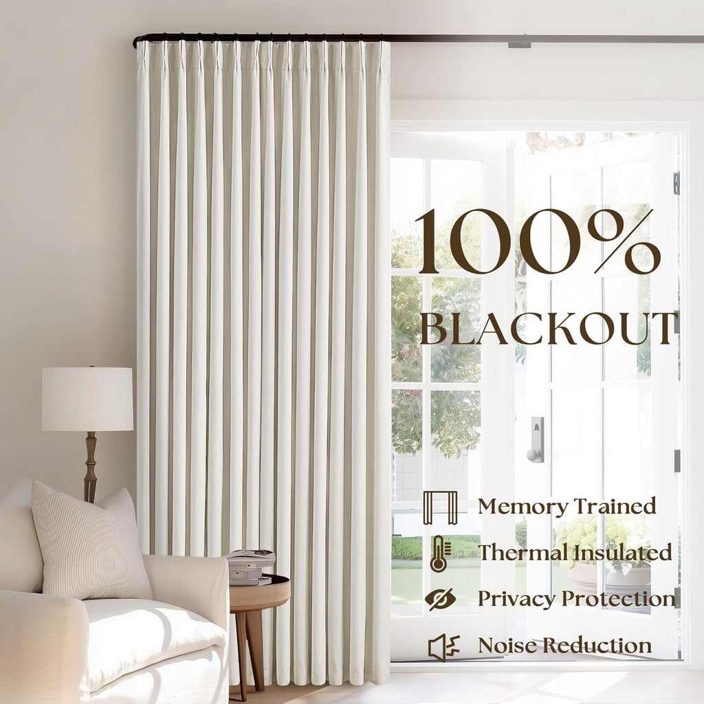 Natural 100% Blackout Pinch Pleated Linen Curtains 63 Inch Long with Liner
