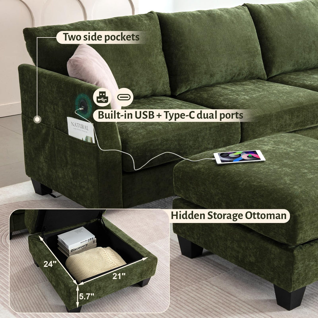 136" U Shaped 8 Seater Modular Sectional Sofa with Cup Holders